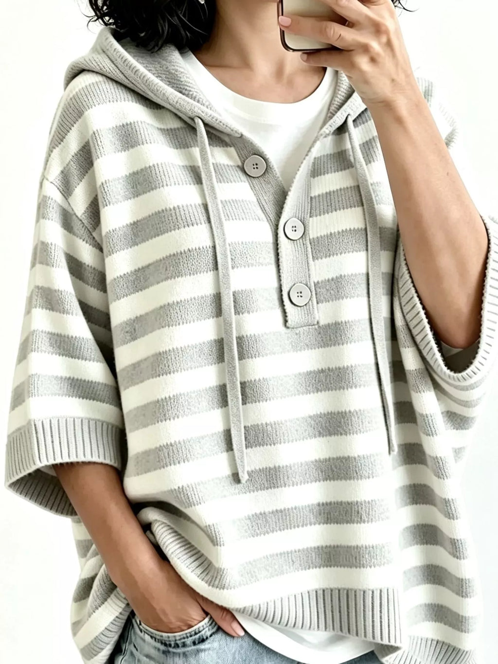 Striped Hooded Sweater with Button Detail