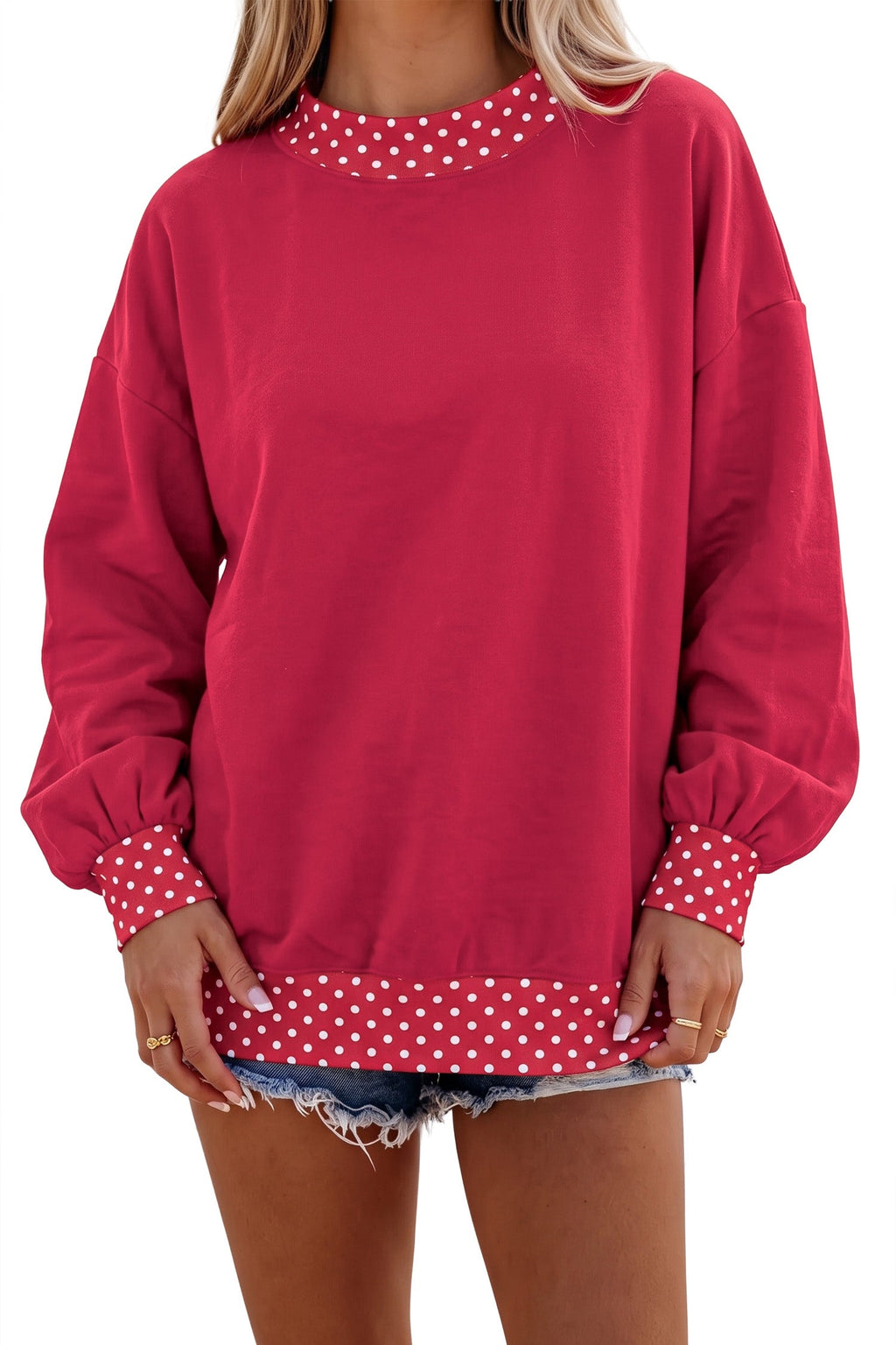 Burgundy Colorblock Polka Dot Contrast Trim Oversized Sweatshirt