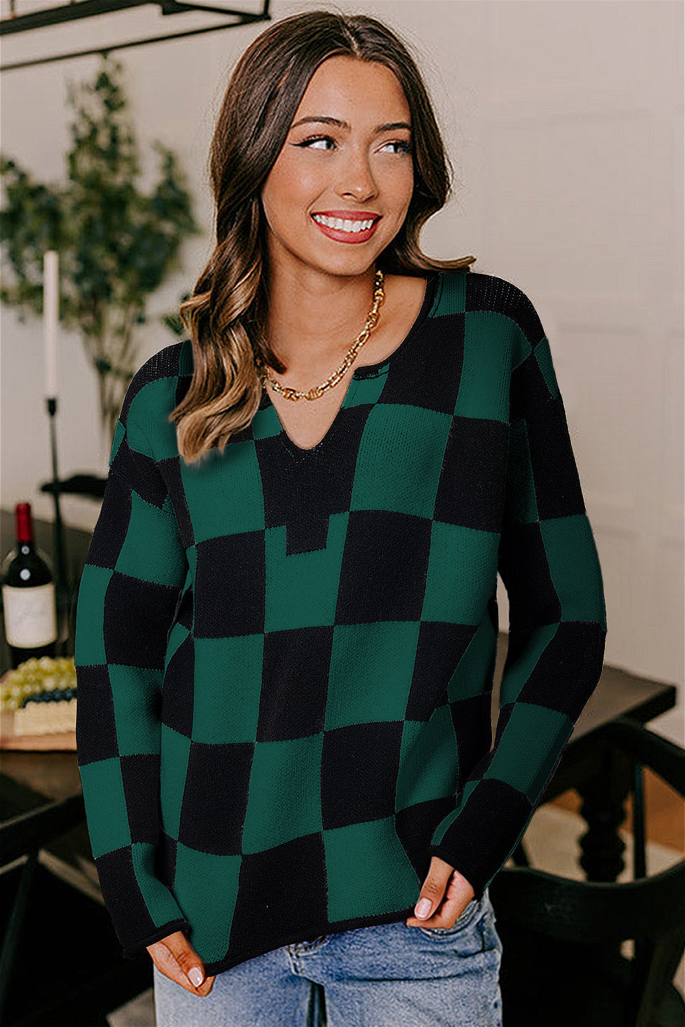 Green Checked Notched Neckline Drop Shoulder Knit Sweater