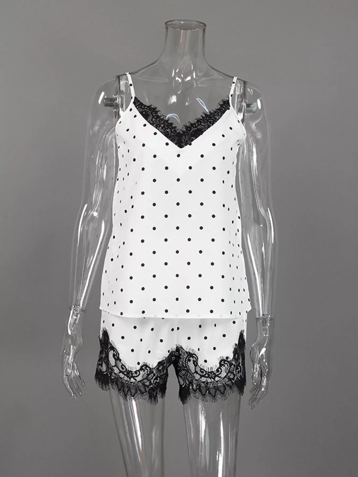 Polka Dot Lace Trim Cami & Cardigan and Shorts Set