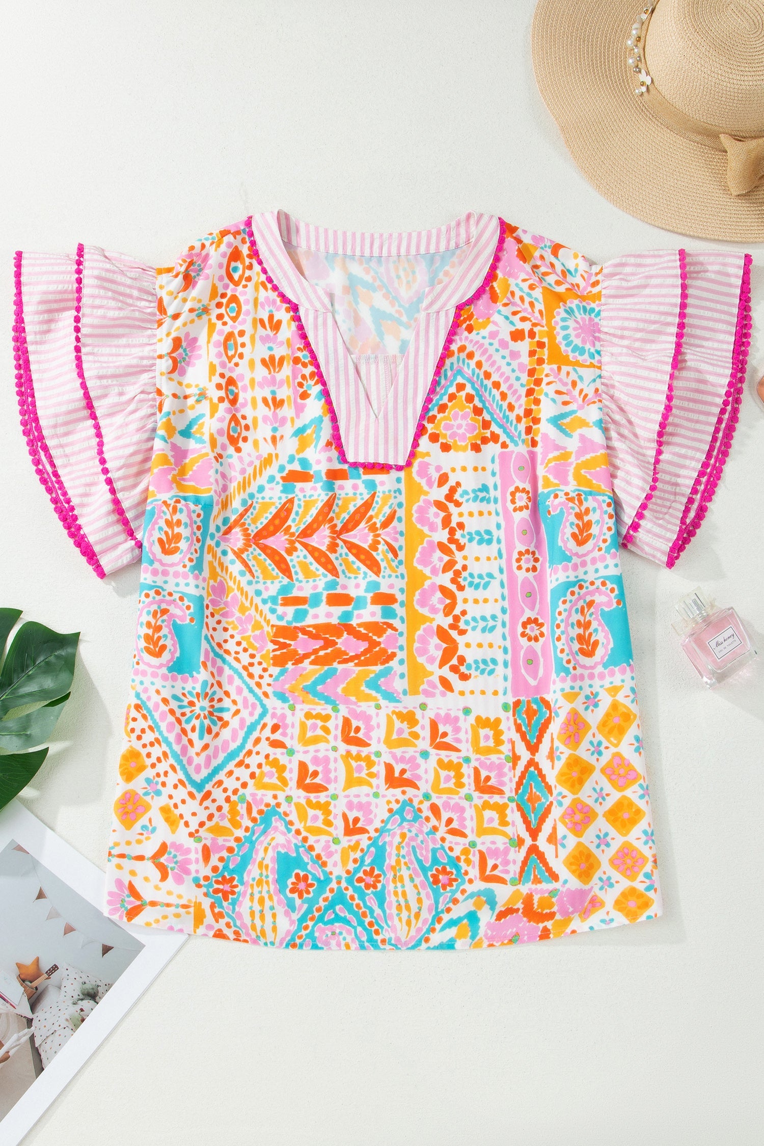 Rose Plus Size Geometric Print Contrast Trim Striped V Neck Blouse