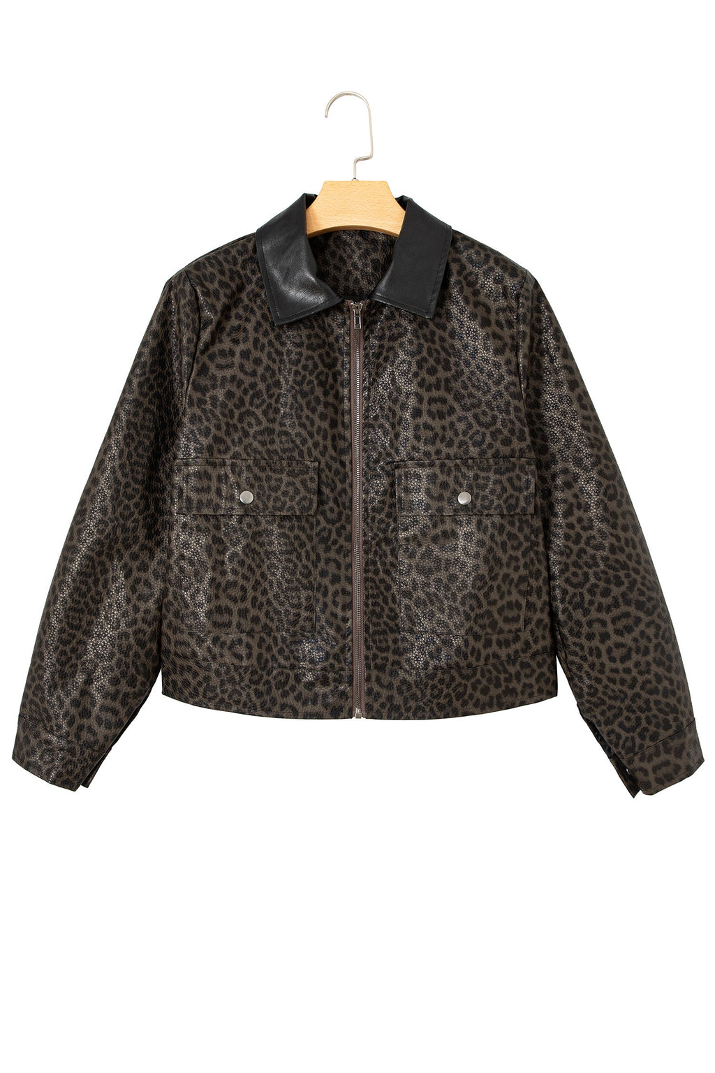 Multicolour Leopard Print Colorblock Collar Metal Placket Jacket