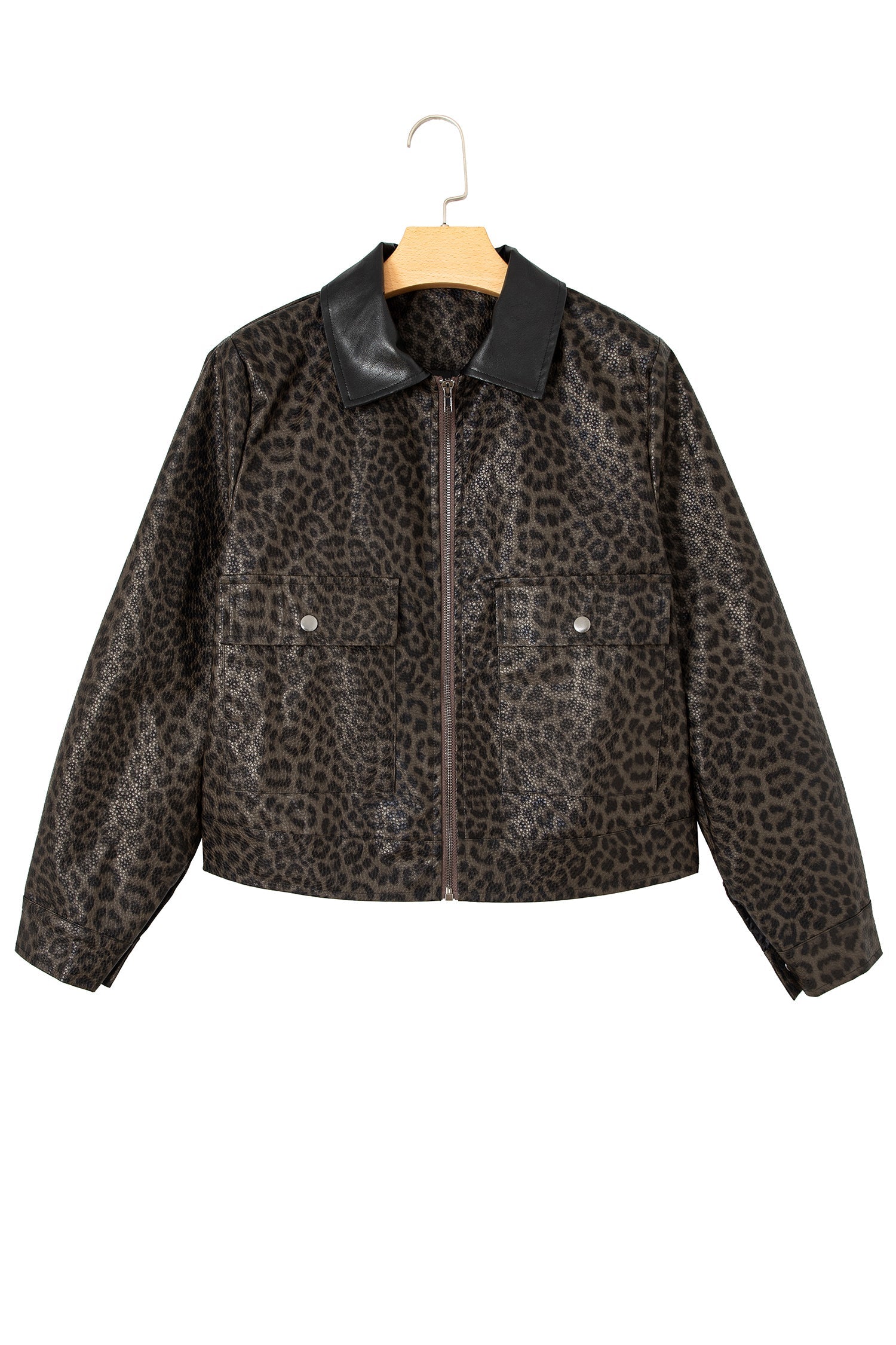 Multicolour Leopard Print Colorblock Collar Metal Placket Jacket