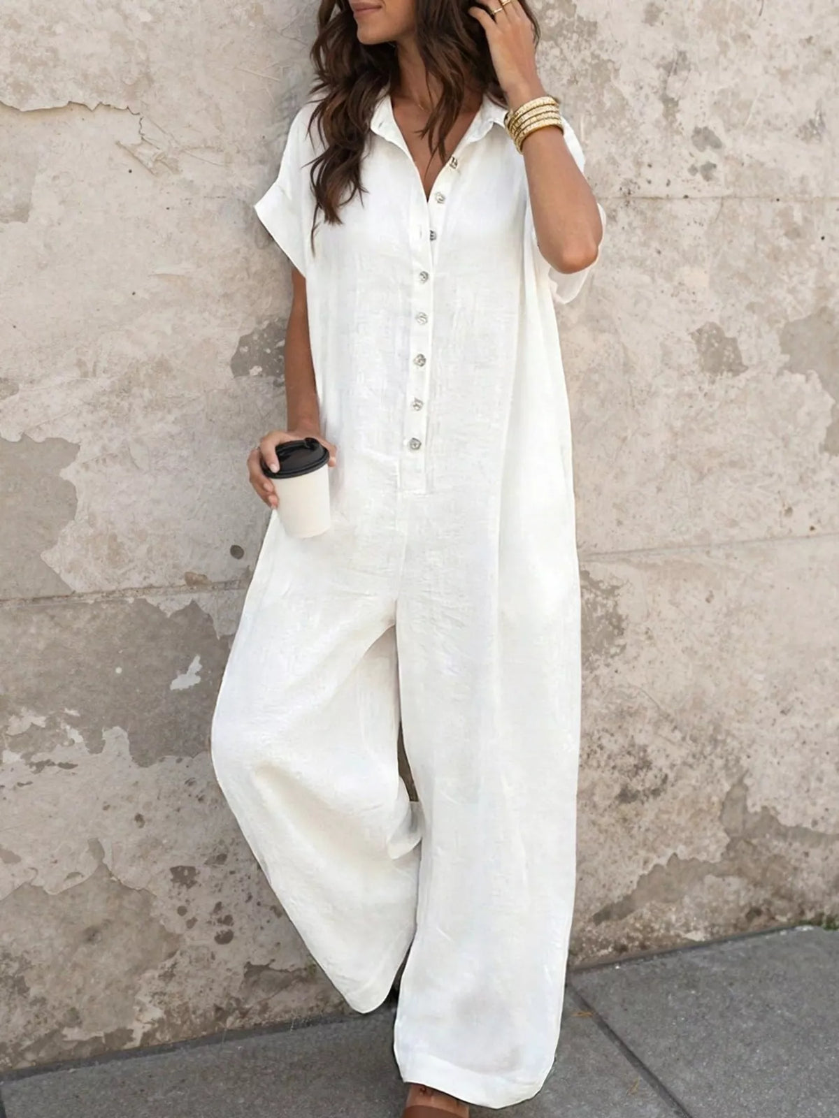 Button Front Short Sleeve Jumpsuit