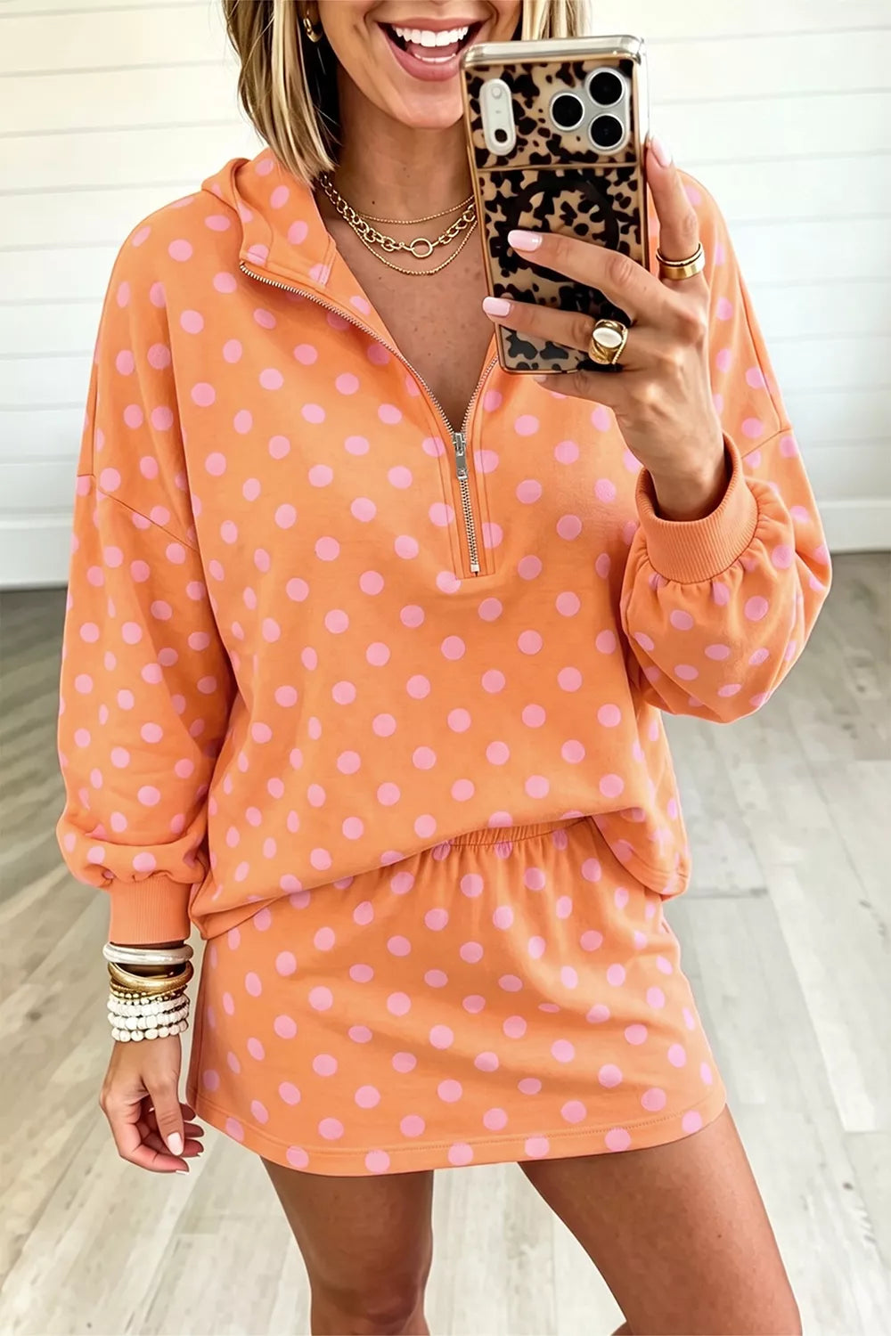 Polka Dot Quarter-Zip Hoodie and Skirt Set