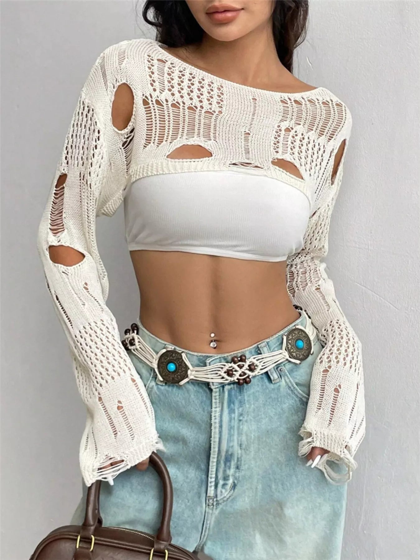 Distressed Cropped Knit Cover Up