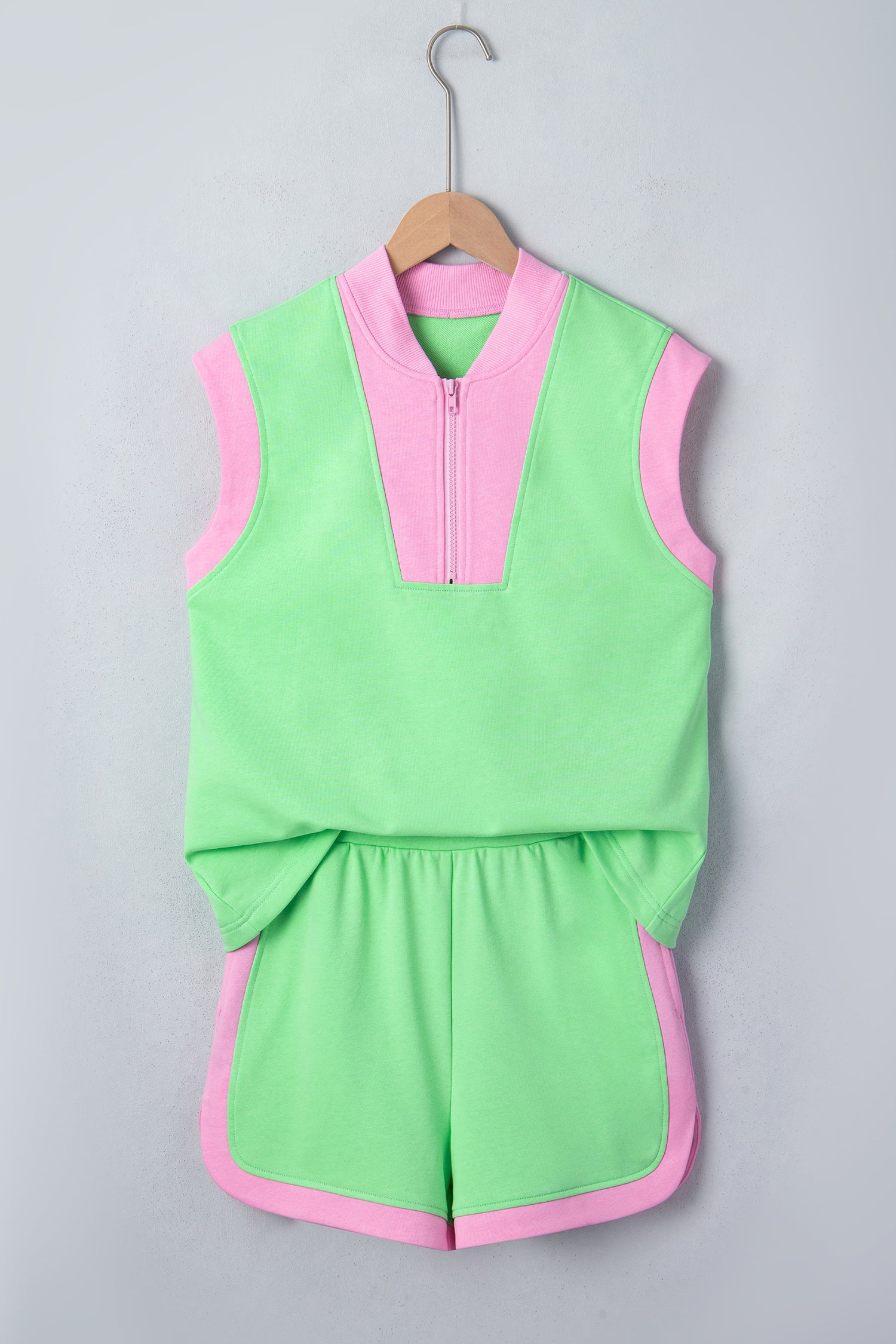 Green Color Block Accent Half Zip Top Athleisure Shorts Set