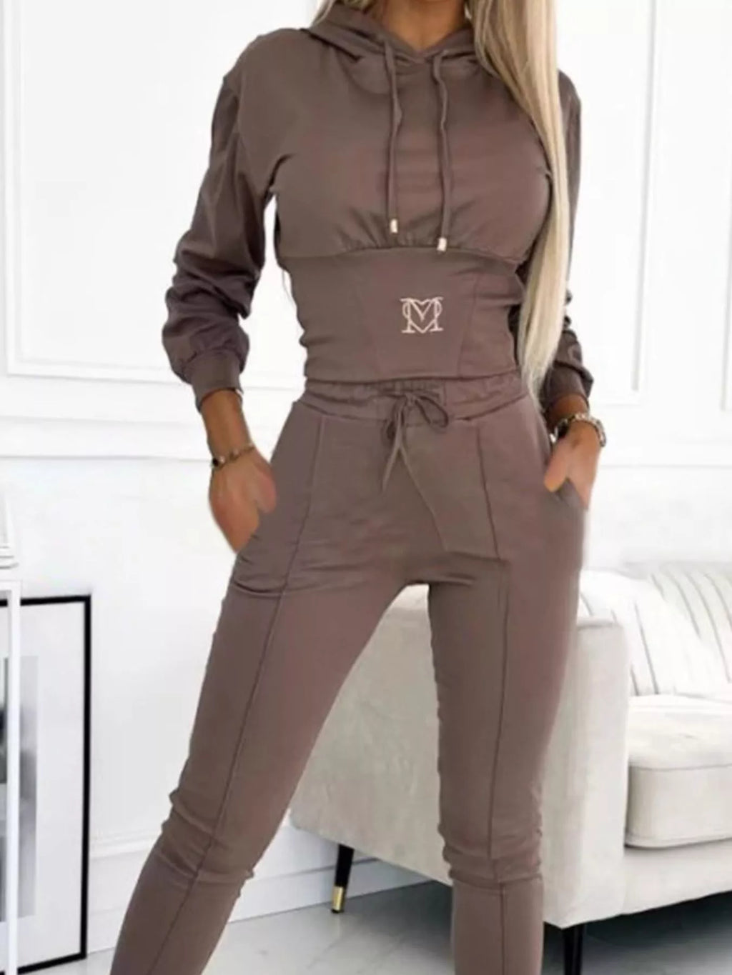 Full Size Drawstring Cropped Hoodie and Pants Set Plus Size