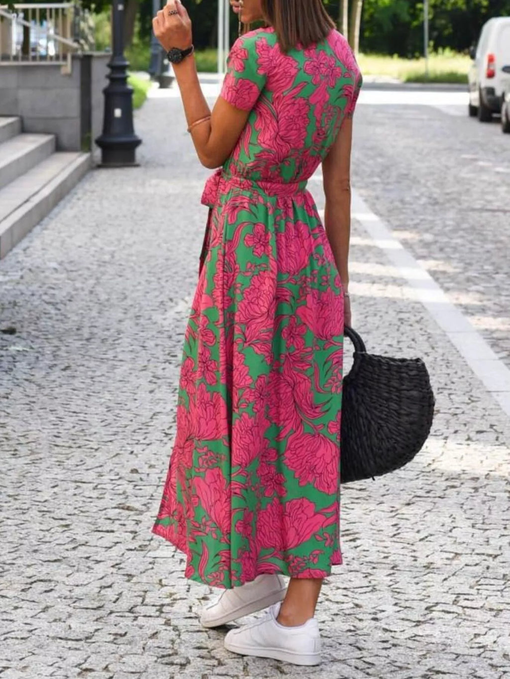 Full Size Slit Floral Print Short Sleeve Dress Plus Size