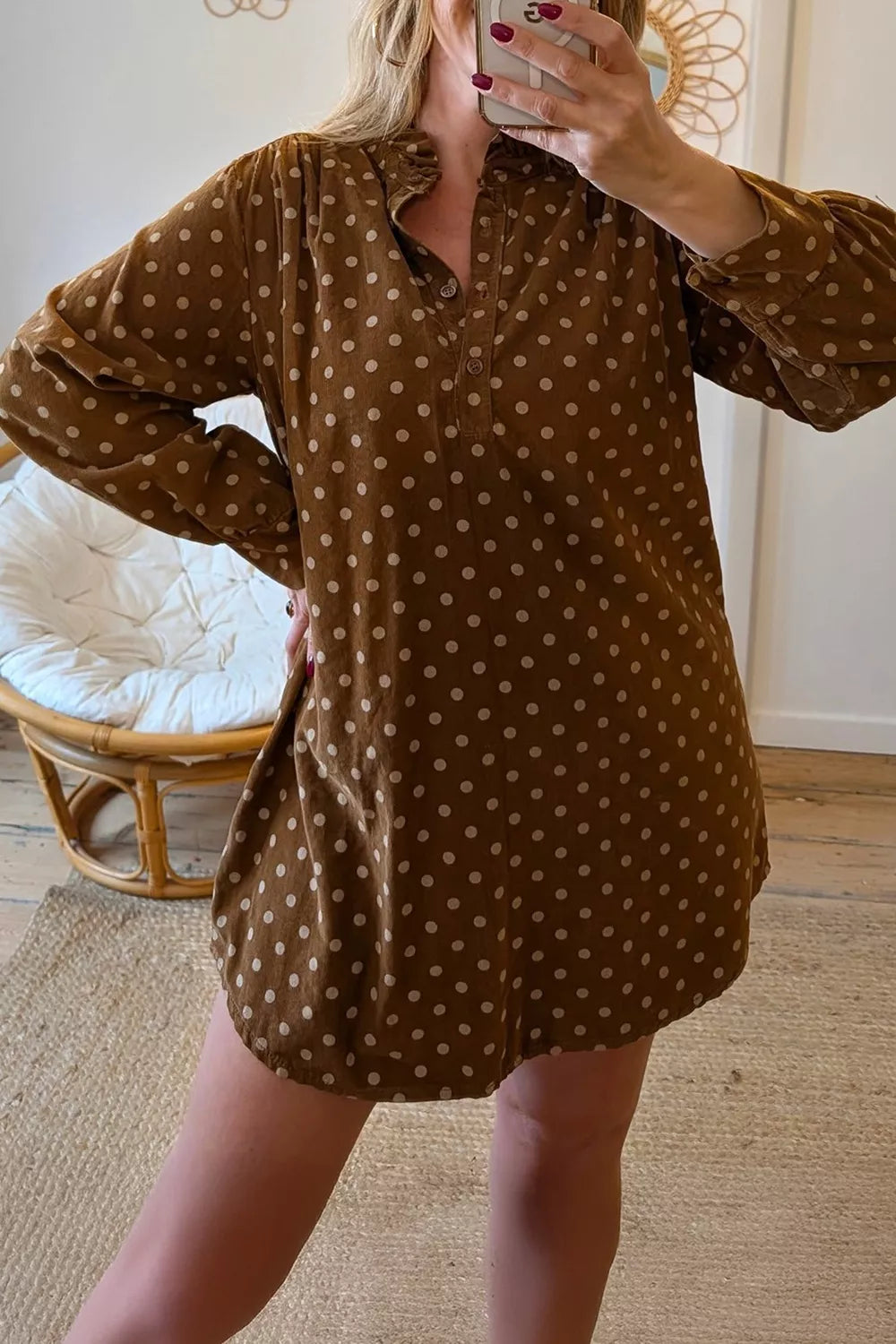 Polka Dot V Neck Long Sleeve Button Shift Dress