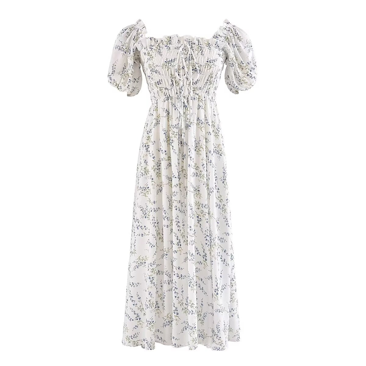 Summer EarPrinted Puff Sleeve Elastic Maxi Dress