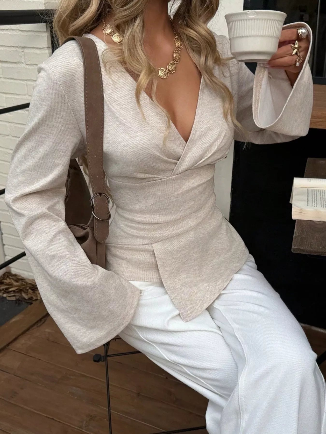 Elegant V-Neck Wrap Asymmetrical Blouse with Flared Sleeves