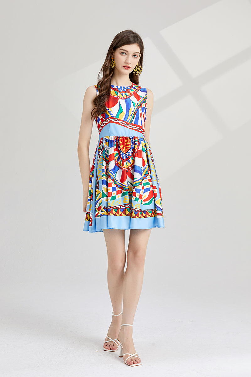 Women New Summer New Round Neck Printed Slim fit Large Swing dress High Waist A line Dress