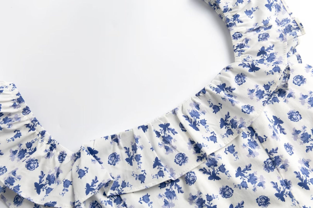 Early Spring French Retro Debutante Square Collar Lace Flying Sleeves Floral Print Slit Dress
