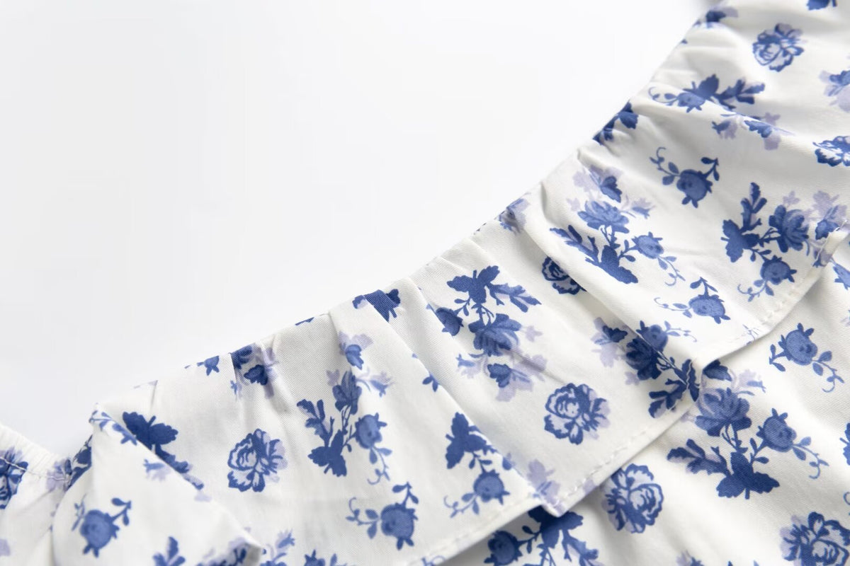 Early Spring French Retro Debutante Square Collar Lace Flying Sleeves Floral Print Slit Dress