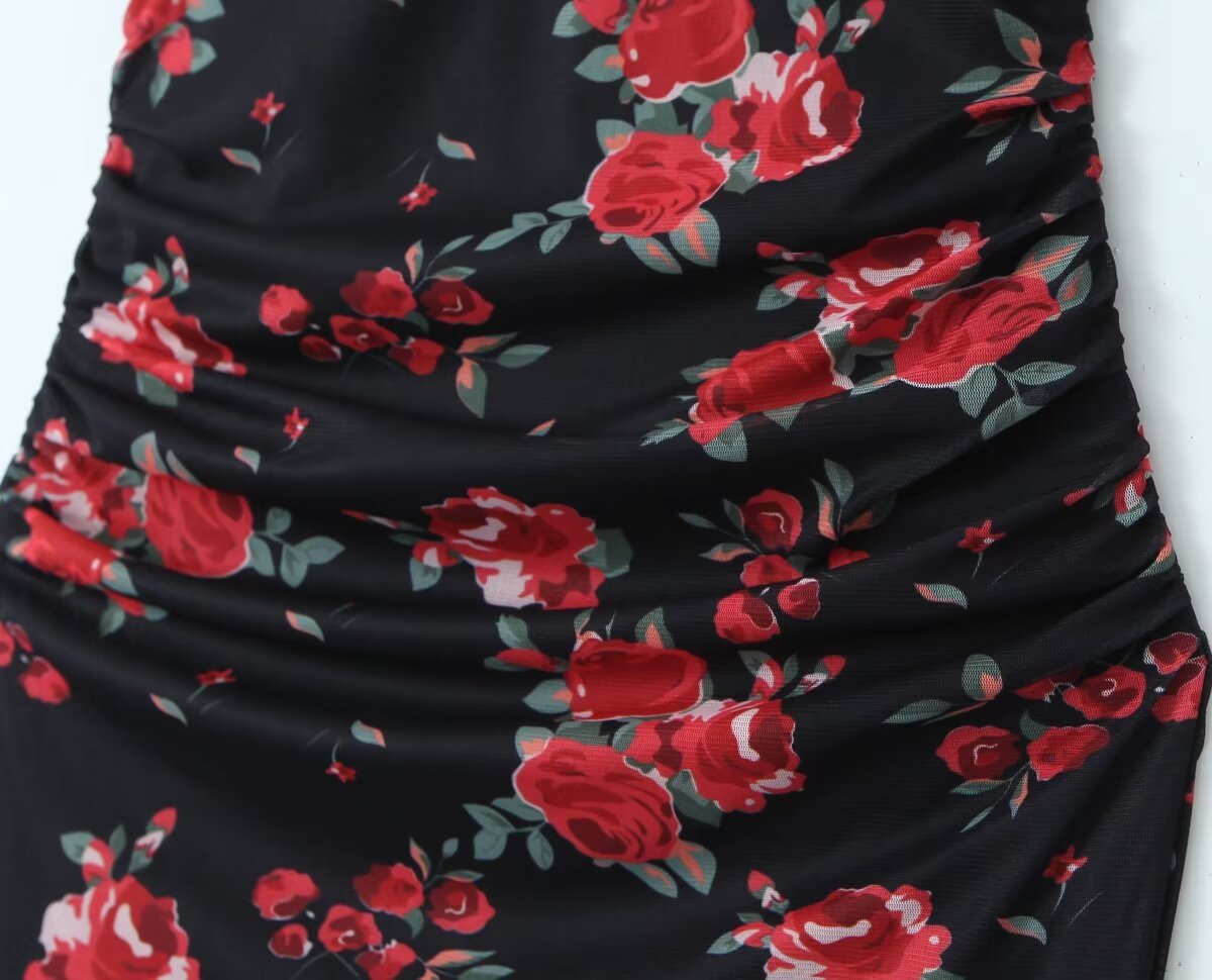 Women Clothing Spring Summer Retro Mesh Floral Slim Fitting Slimming Maxi Dress