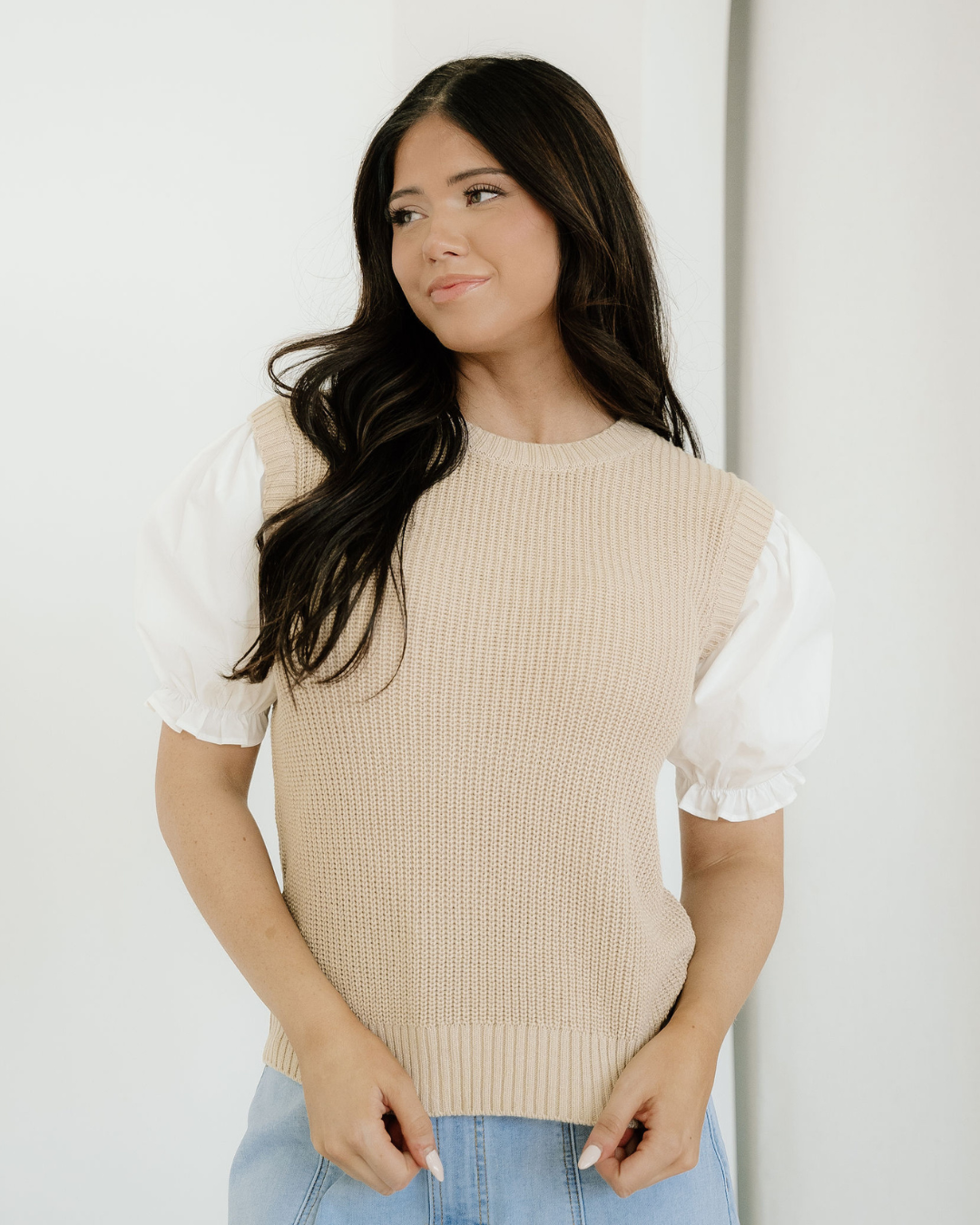 Seraphina Round Neck Knit Contrast Short Sleeve Patchwork Sweater Top