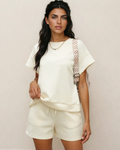 Astrid Textured Short Sleeve Top and Shorts Set - Cream