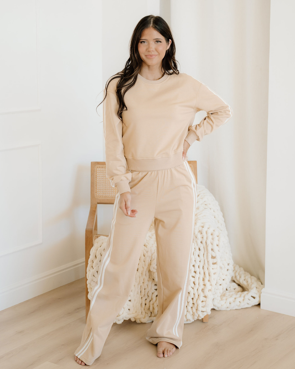 Varsity Pullover Wide Leg Pants 2pcs Outfit - Oatmeal