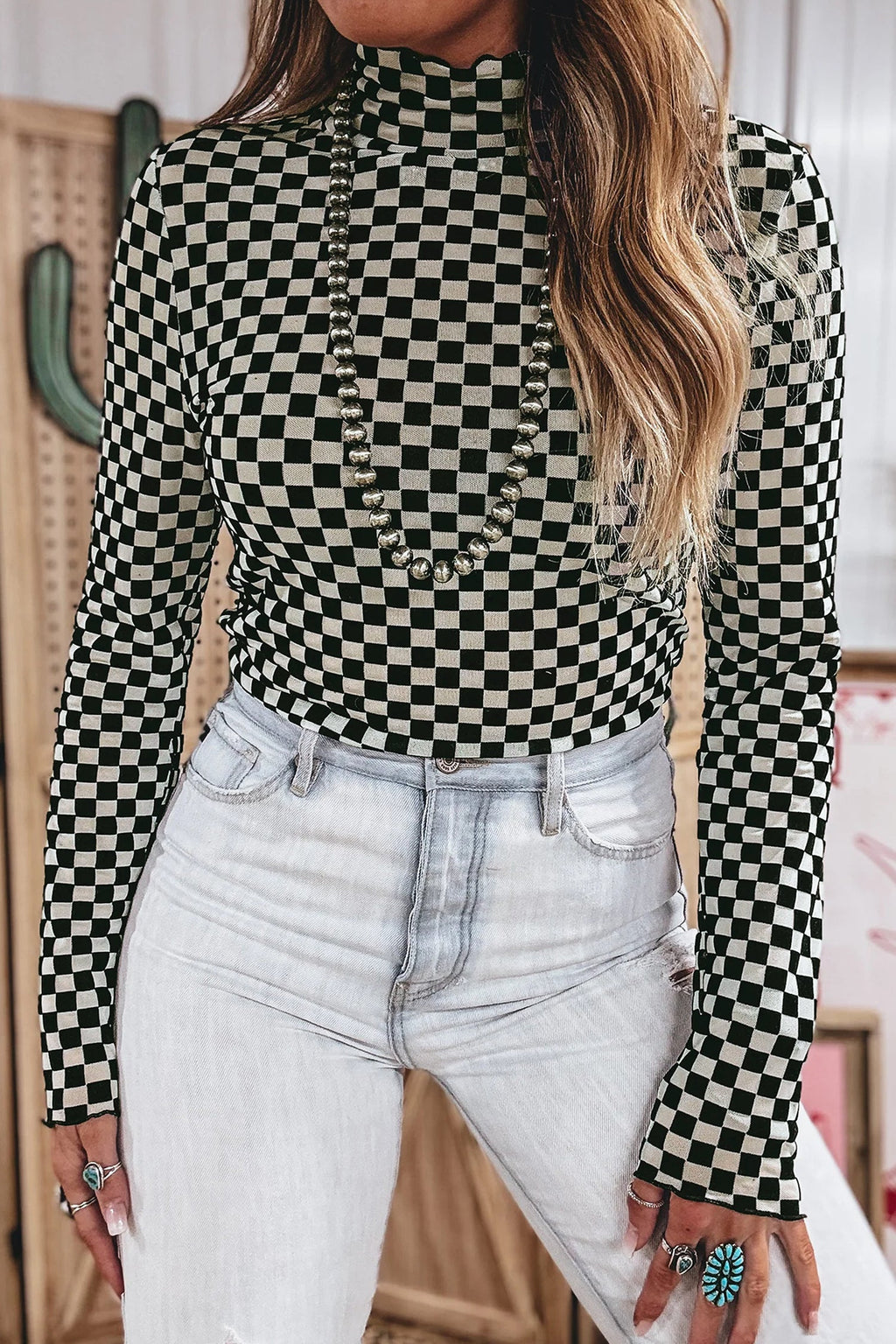 Black Plaid Stand Neck Long Sleeve Mesh Top