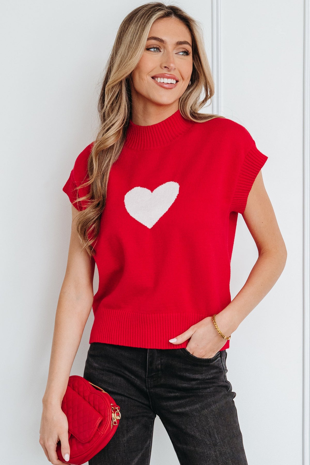 Heart Graphic Cropped Short Sleeve Sweater