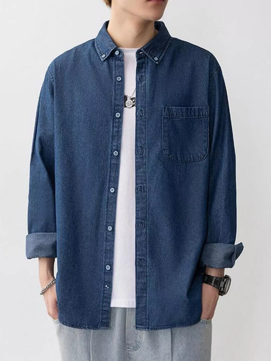 Men's Plus Size Button Up Long Sleeve Denim Shirt