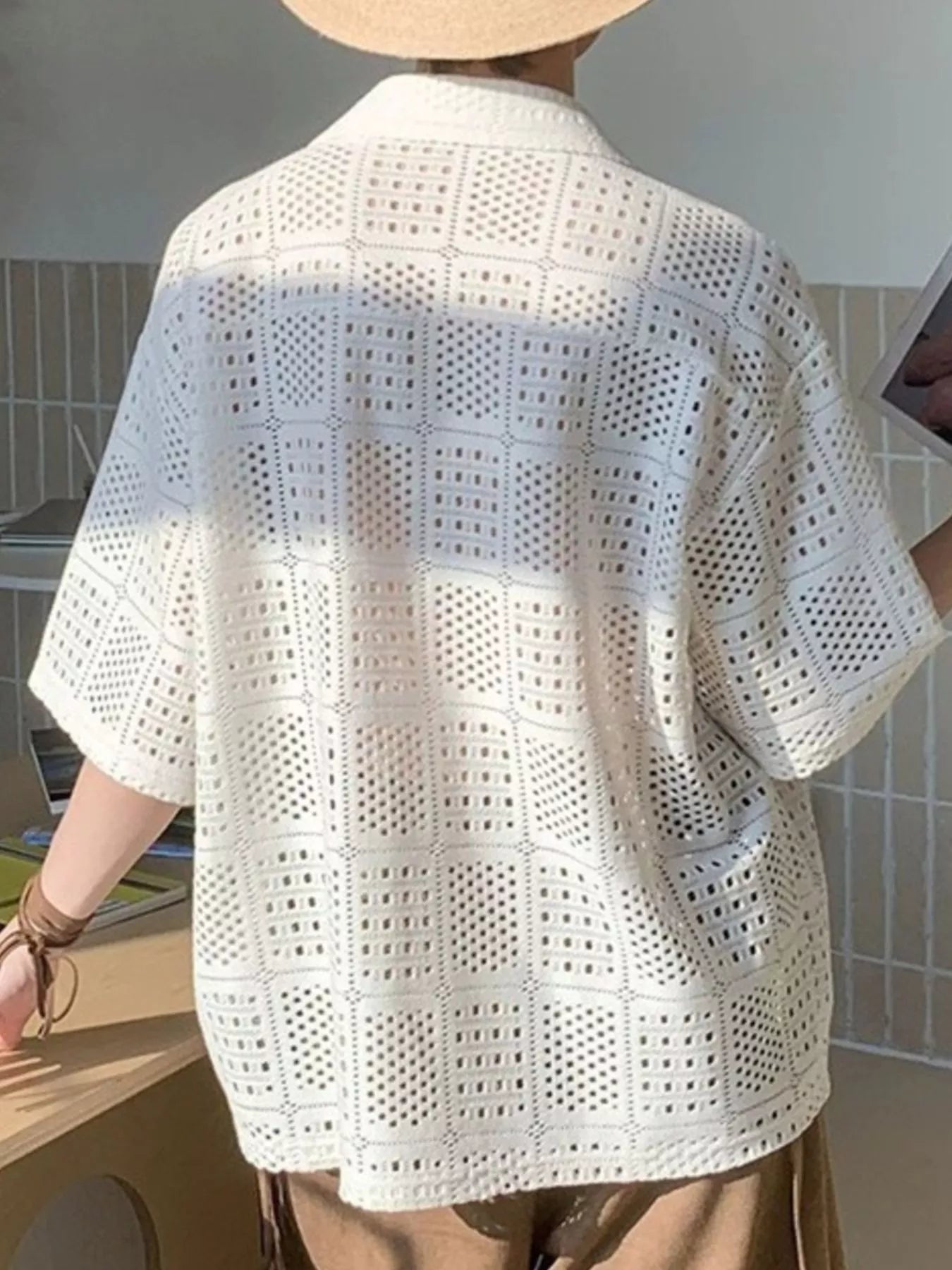 Men's Plus Size Crocheted Square Pattern Short Sleeve Shirt