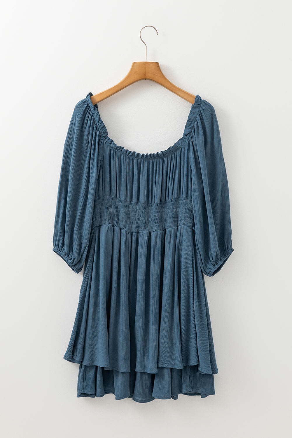 Solid Ruched Frilled Neck 3/4 Sleeve Dress