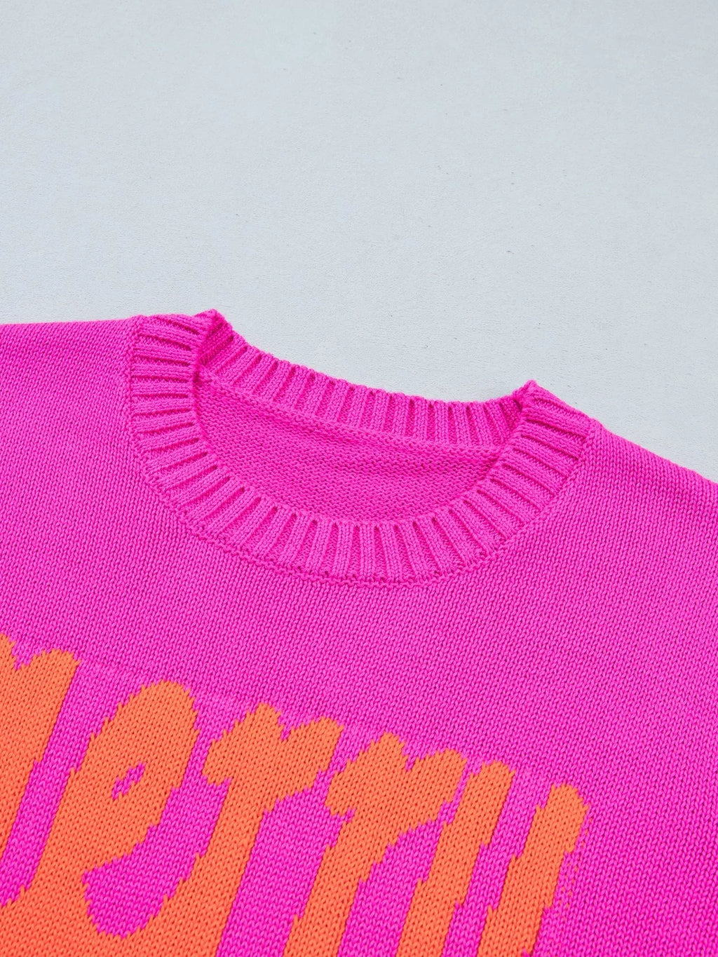 Merry Print Ribbed Trim Round Neck Loose Fit Sweater
