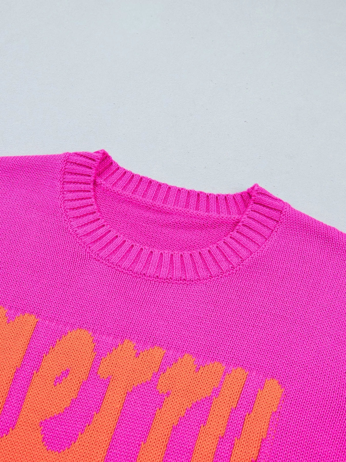 Merry Print Ribbed Trim Round Neck Loose Fit Sweater