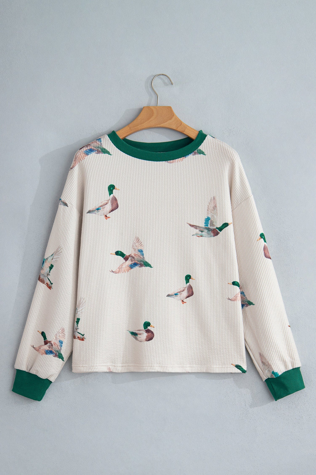 Beige Twisted Ribbed Duck Print Crewneck Casual Pullover Top