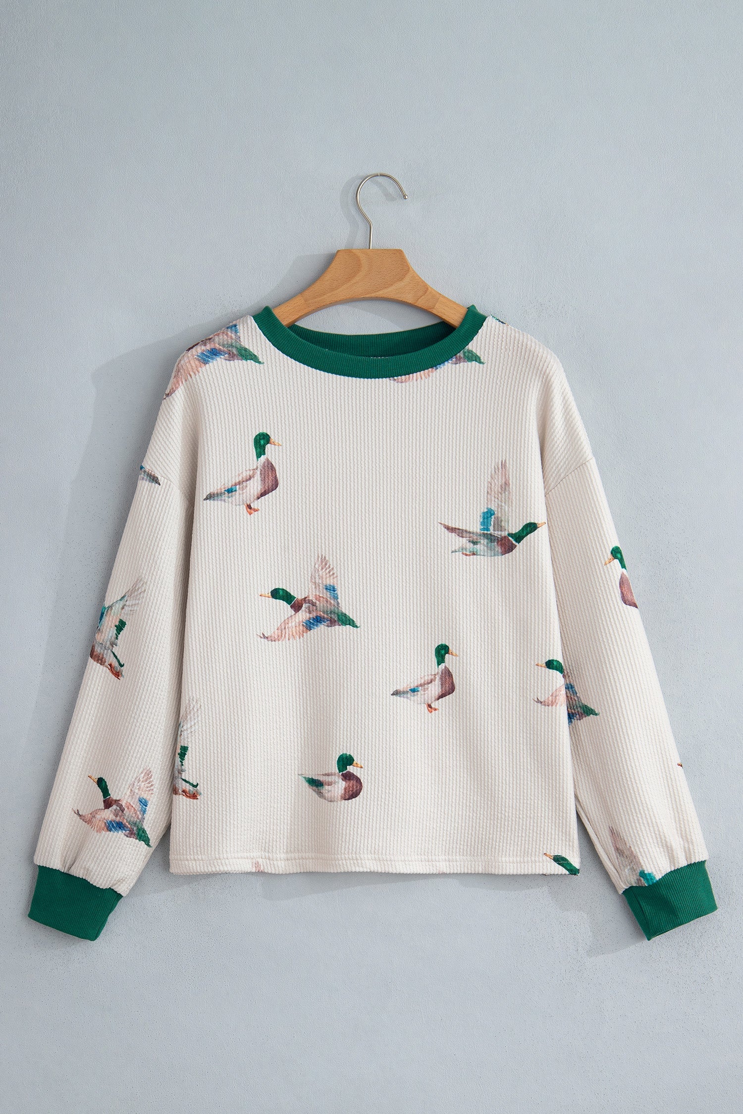 Beige Twisted Ribbed Duck Print Crewneck Casual Pullover Top