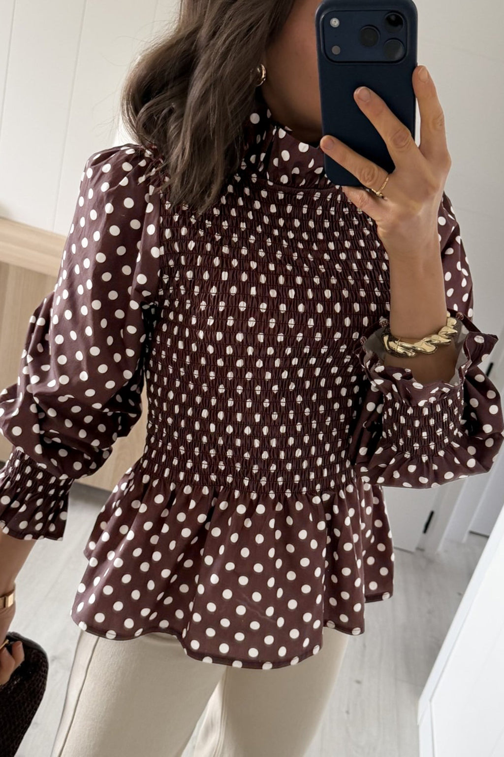 Brown Polka Dot Ruffled High Neck Shirred Ruffle Hem Blouse