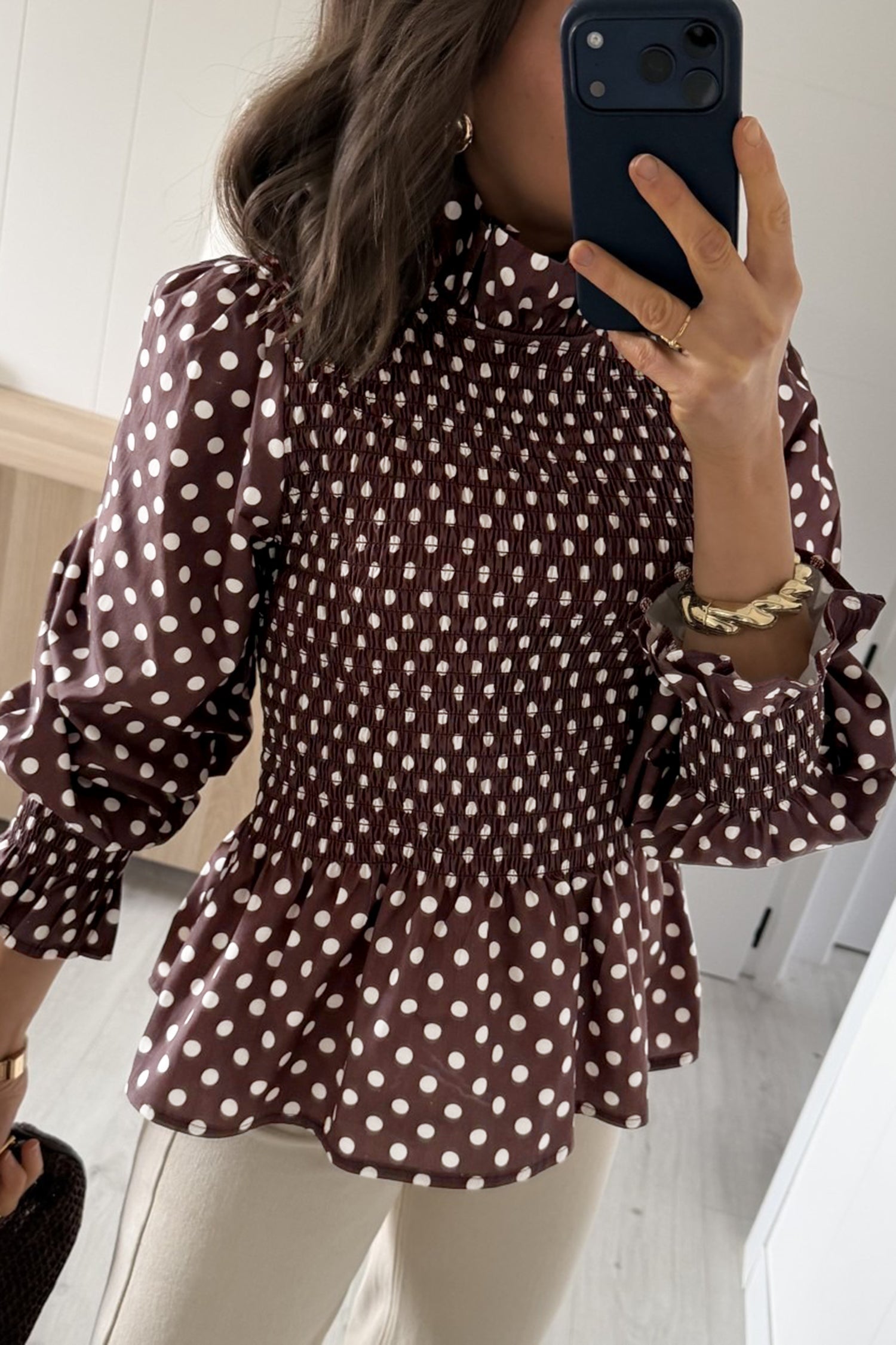 Brown Polka Dot Ruffled High Neck Shirred Ruffle Hem Blouse