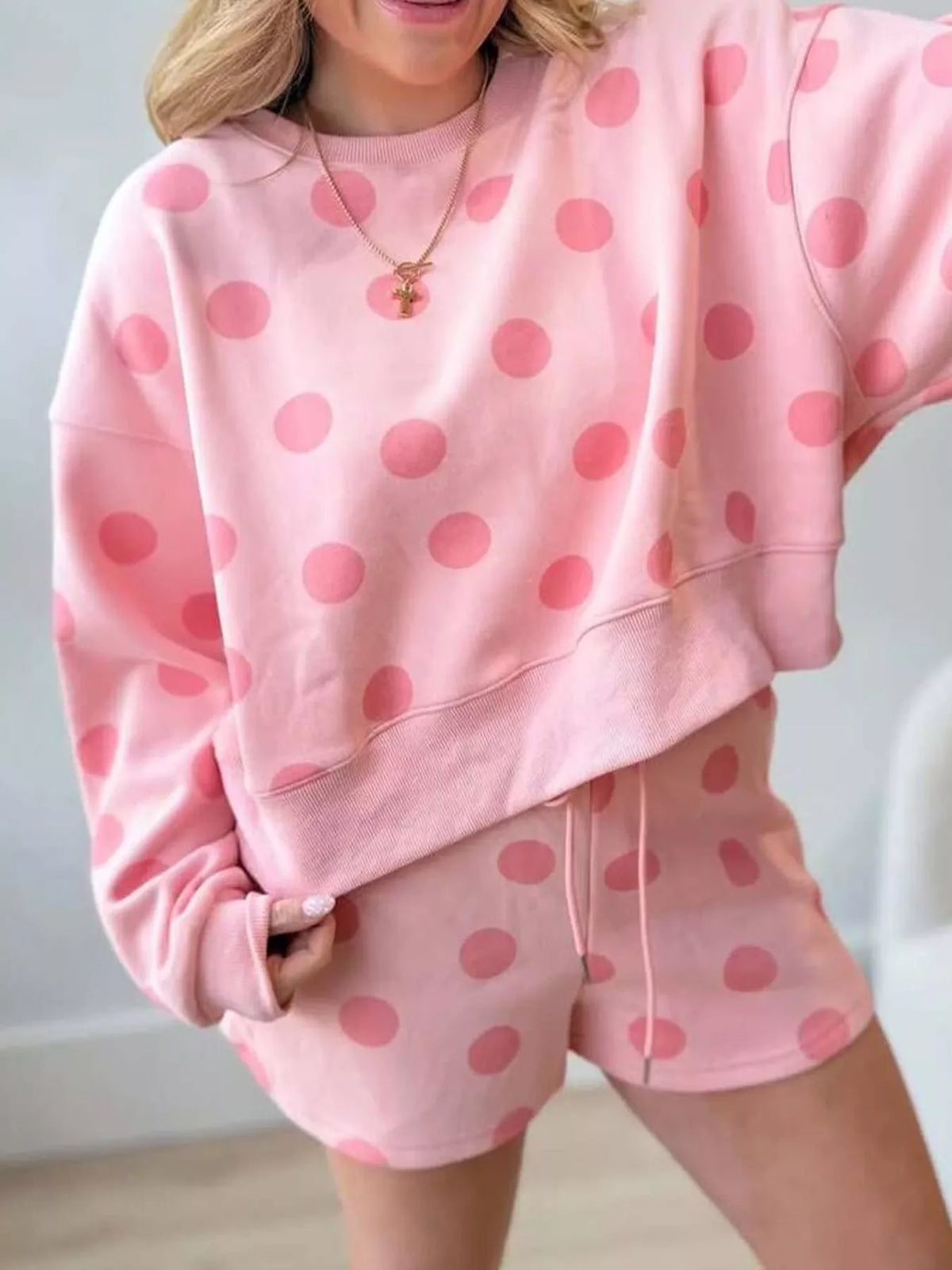 Polka Dot Crewneck Sweatshirt and Shorts Set