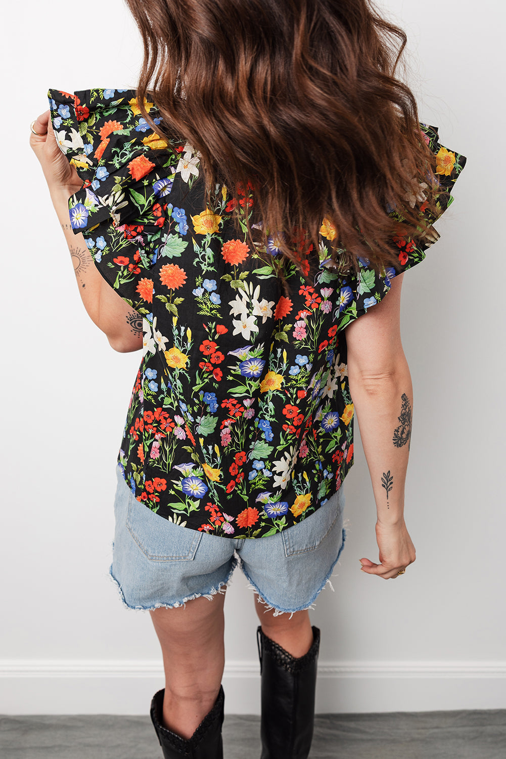 Flower Tiered Flutter Sleeve V-Neck Blouse
