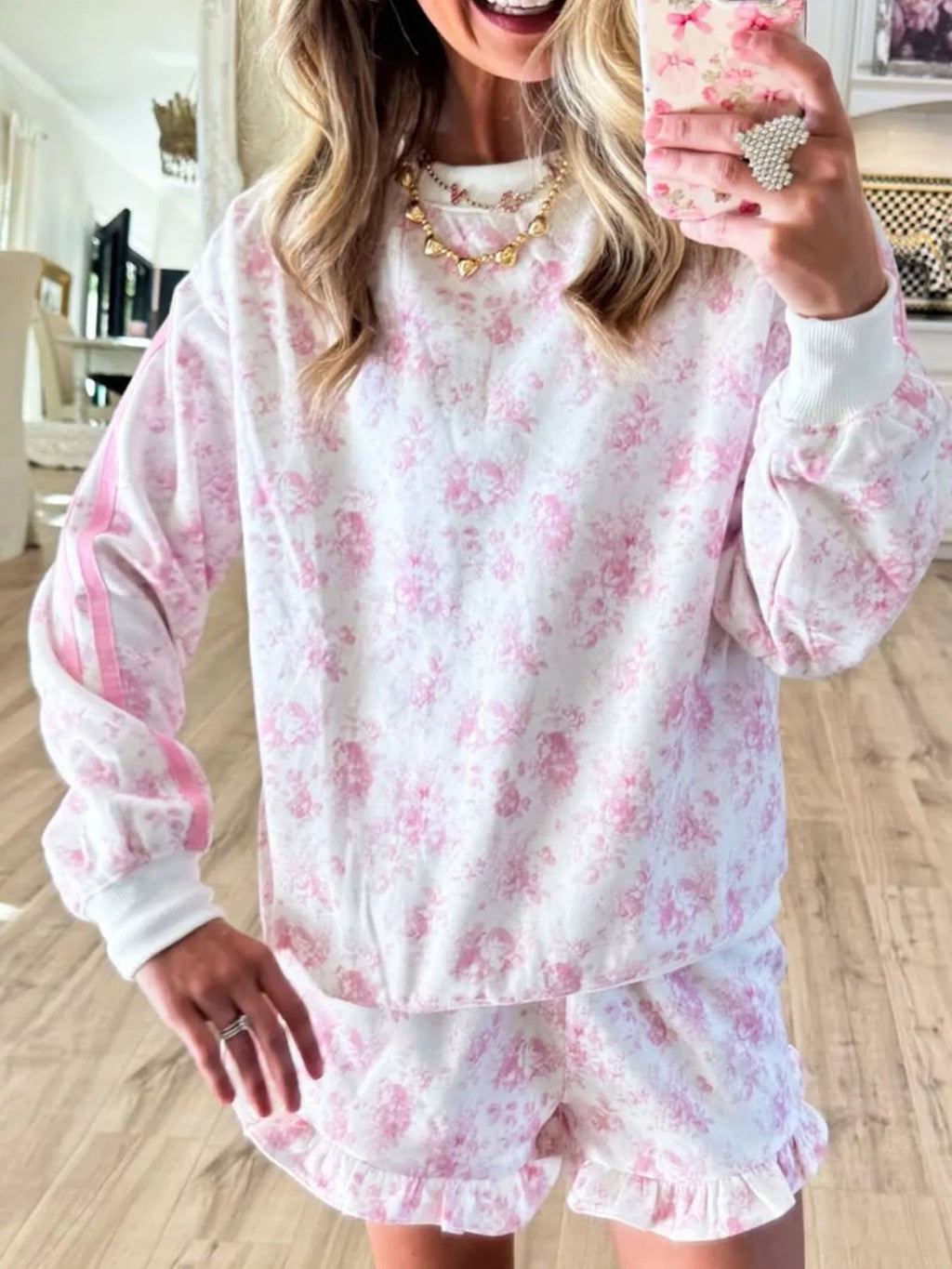Floral Print Long Sleeve Sweatshirt and Shorts Set