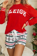 Red Letter Graphic Round Neck Top and Printed Shorts Lounge Set