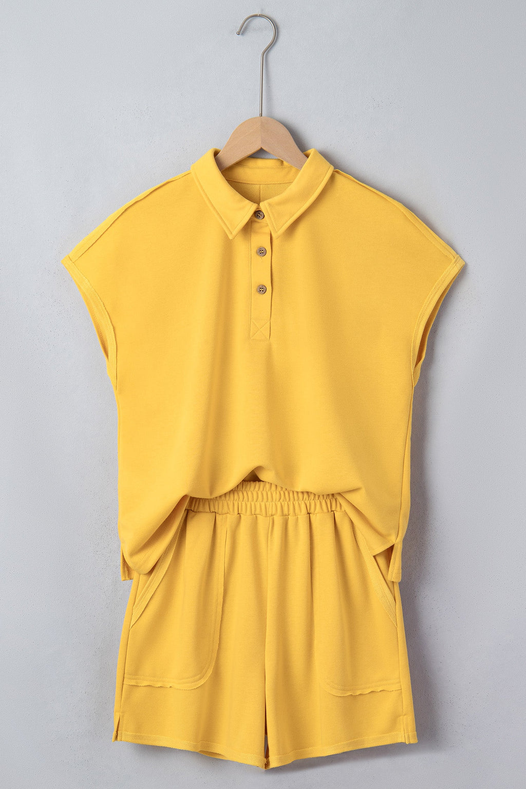 Banana Cream Loose Polo Tee Elastic Waist 2pcs Short Set