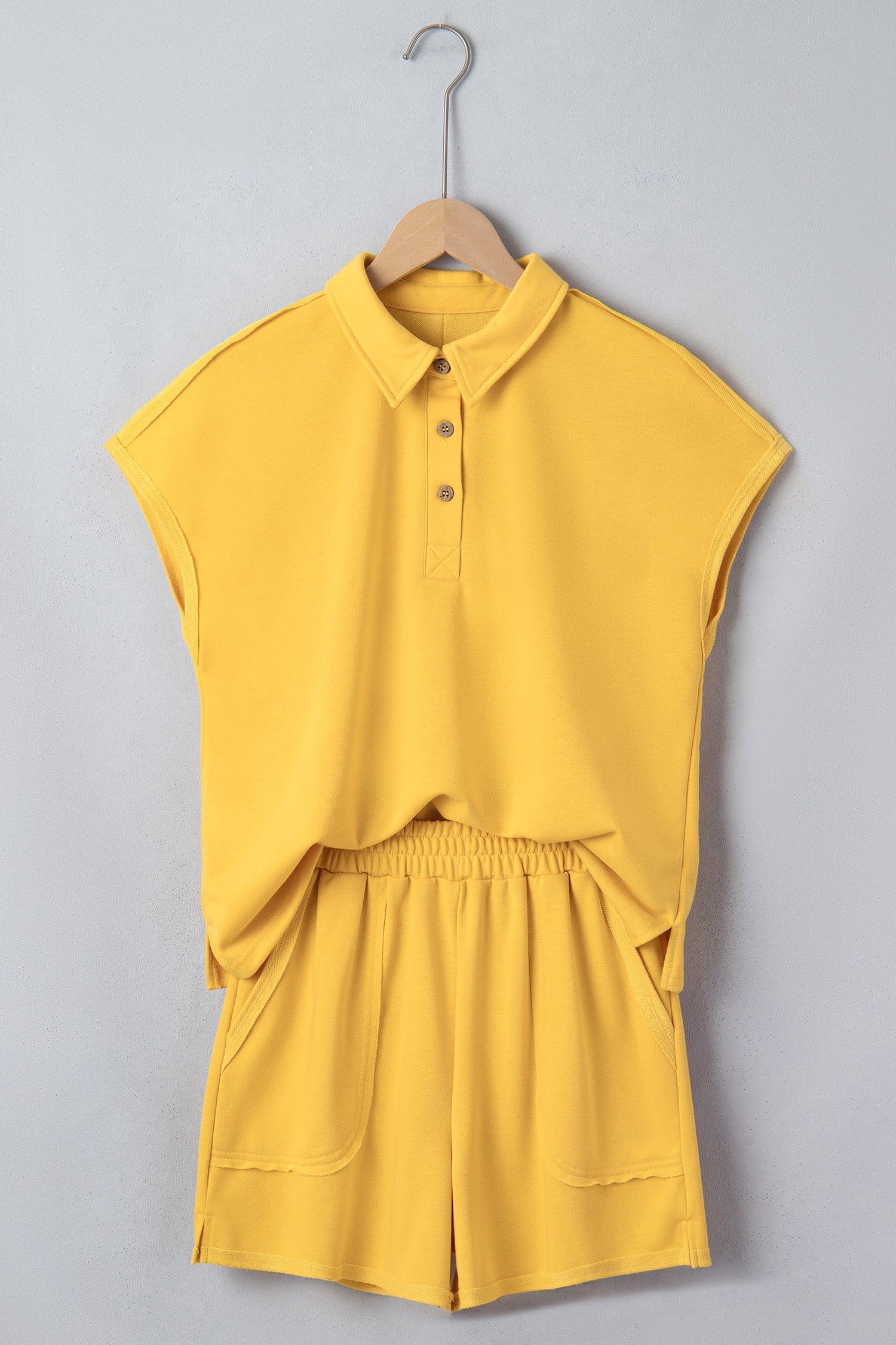 Banana Cream Loose Polo Tee Elastic Waist 2pcs Short Set