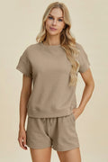 Textured Short Sleeve Top and Drawstring Shorts Set