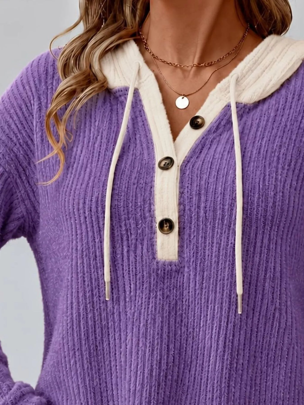 Full Size Drawstring Button Detail Hooded Sweater Plus Size