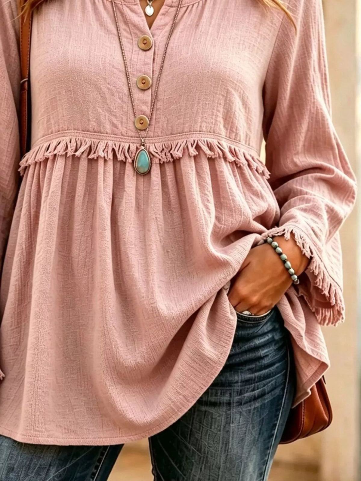 Button-Down Detail Fringed Hem Blouse