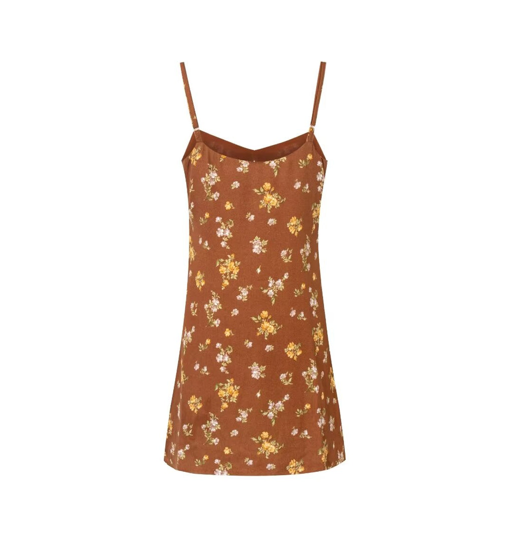 Early Spring French Vacation V Neck Strap Dress Brown Bottom Printed Cool Dress