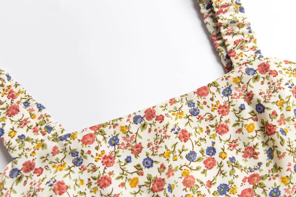 Spring Pastoral Floral Pattern Over Beige Background Square Collar Casual Camisole Dress