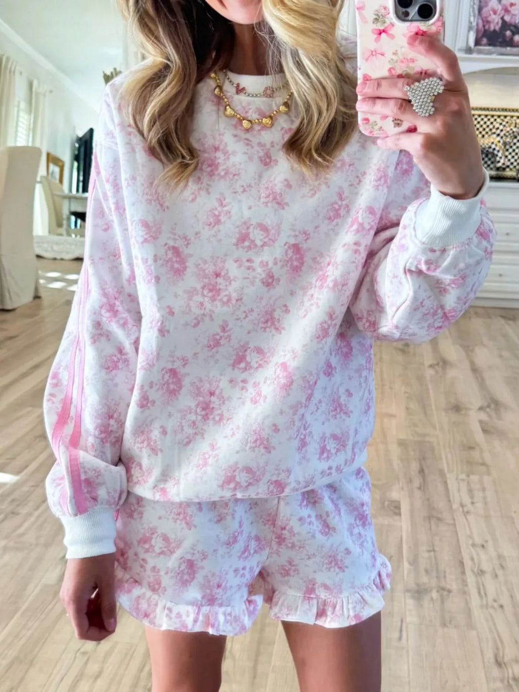 Floral Print Long Sleeve Sweatshirt and Shorts Set