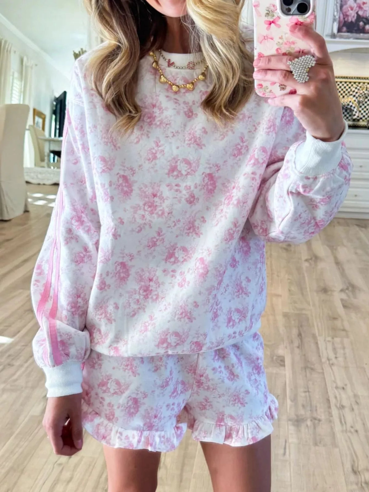 Floral Print Long Sleeve Sweatshirt and Shorts Set