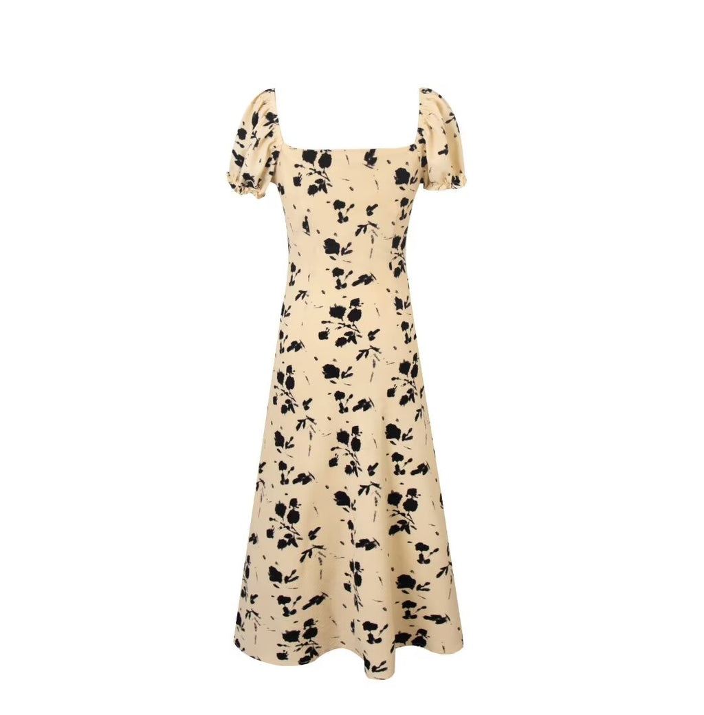 French Vintage Floral Square Collar Puff Sleeve Dress Women Summer Waist Controlled Slimming Dress