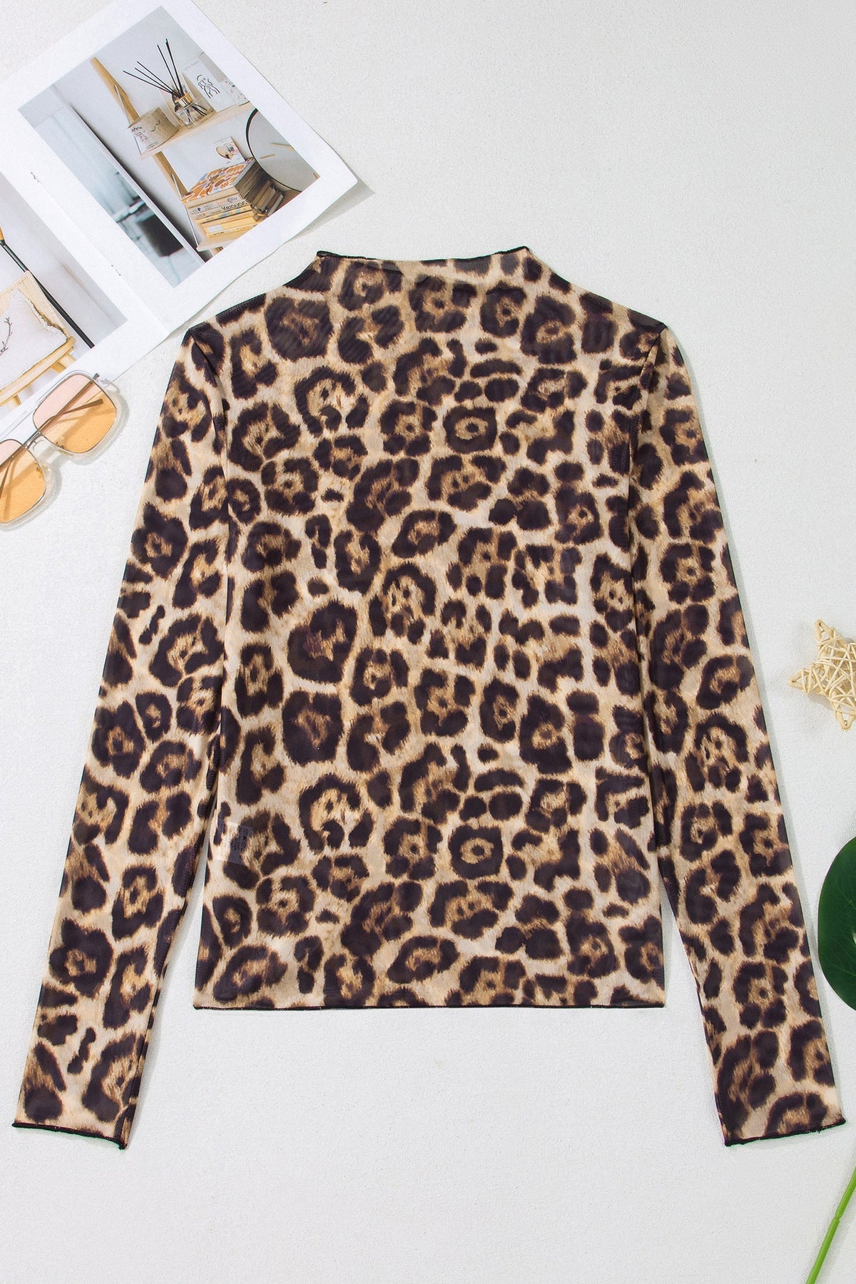 Leopard Mesh Mock Neck Long Sleeve Top