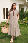 Brown Stripe Plus Size Slit V Neck Tiered Flutter Sleeve Maxi Dress